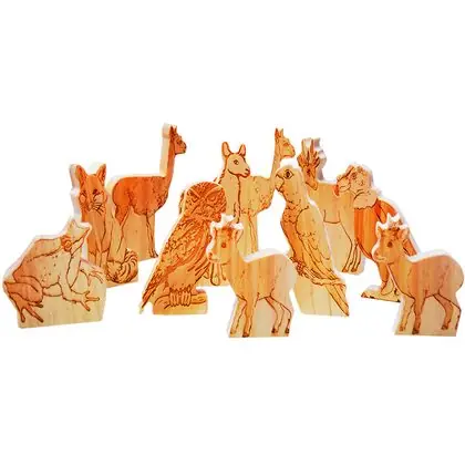 Set de 11 aves y animales chilenos de madera